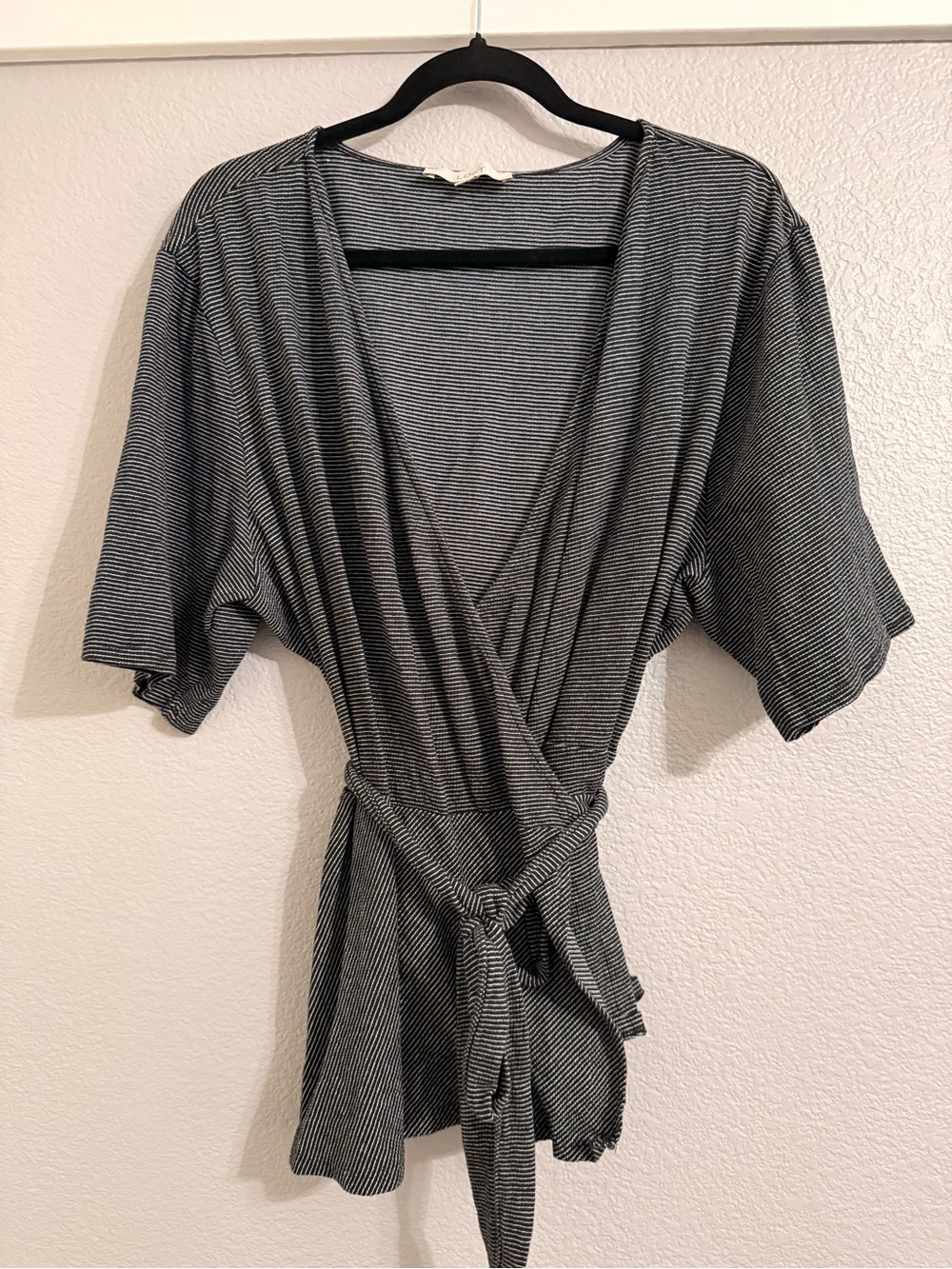LOFT Black and White Striped Wrap Knit Blouse with Tie
